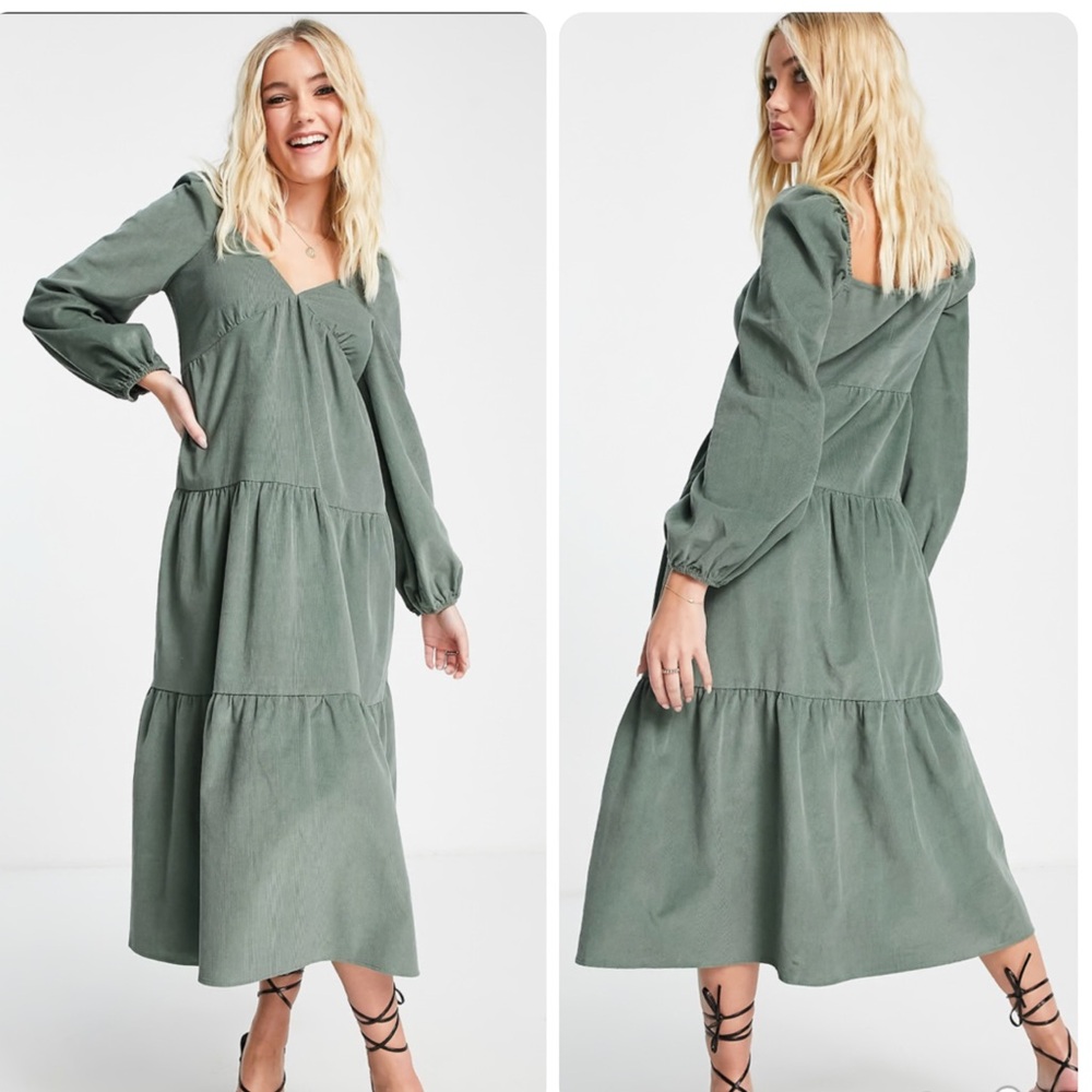 ASOS DESIGN tiered green cord babydoll midi  dress US size 14